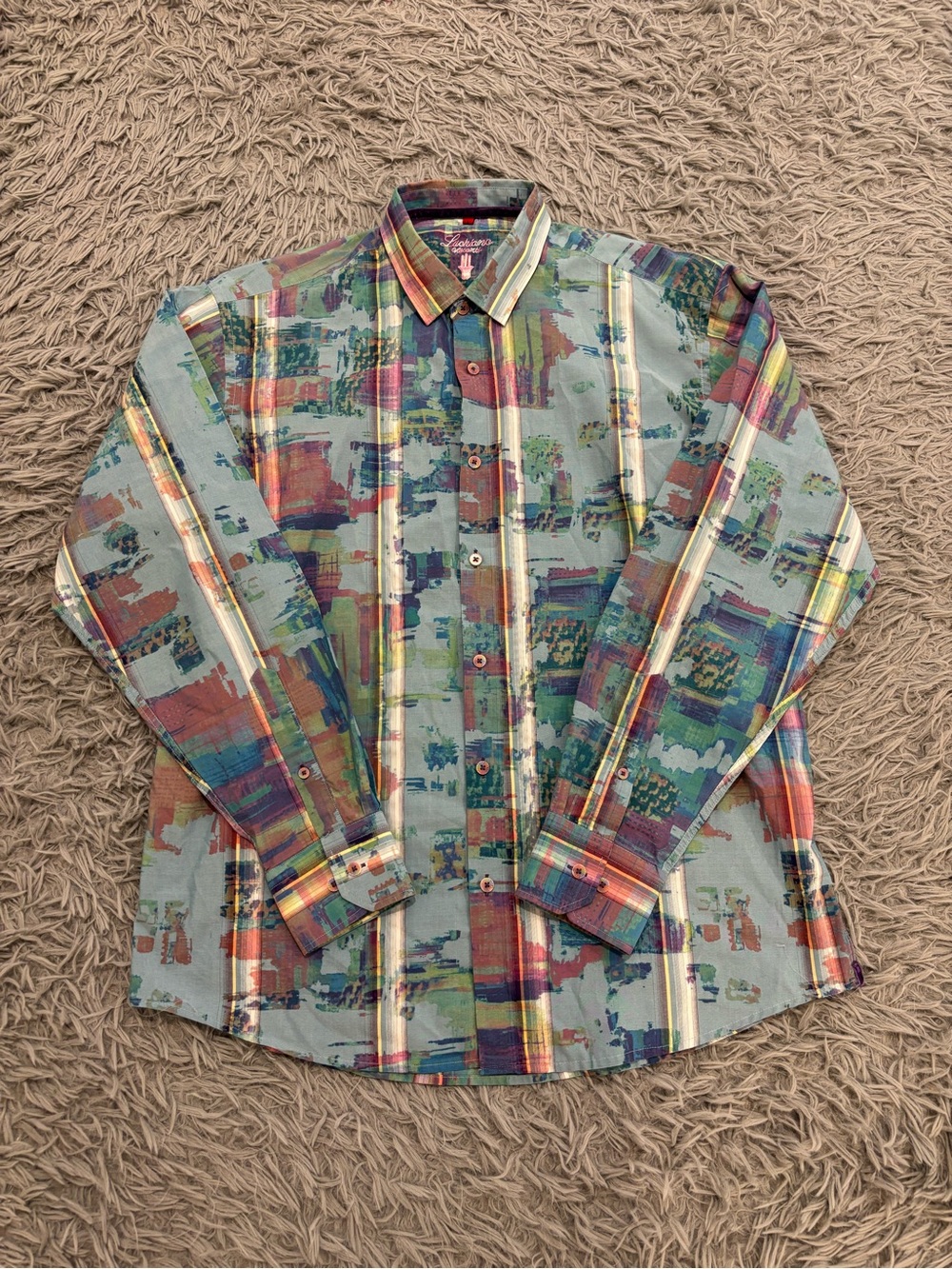 Visconti Uomo Men’s Large Abstract Print Button Down Shirt Multicolor Maximalist